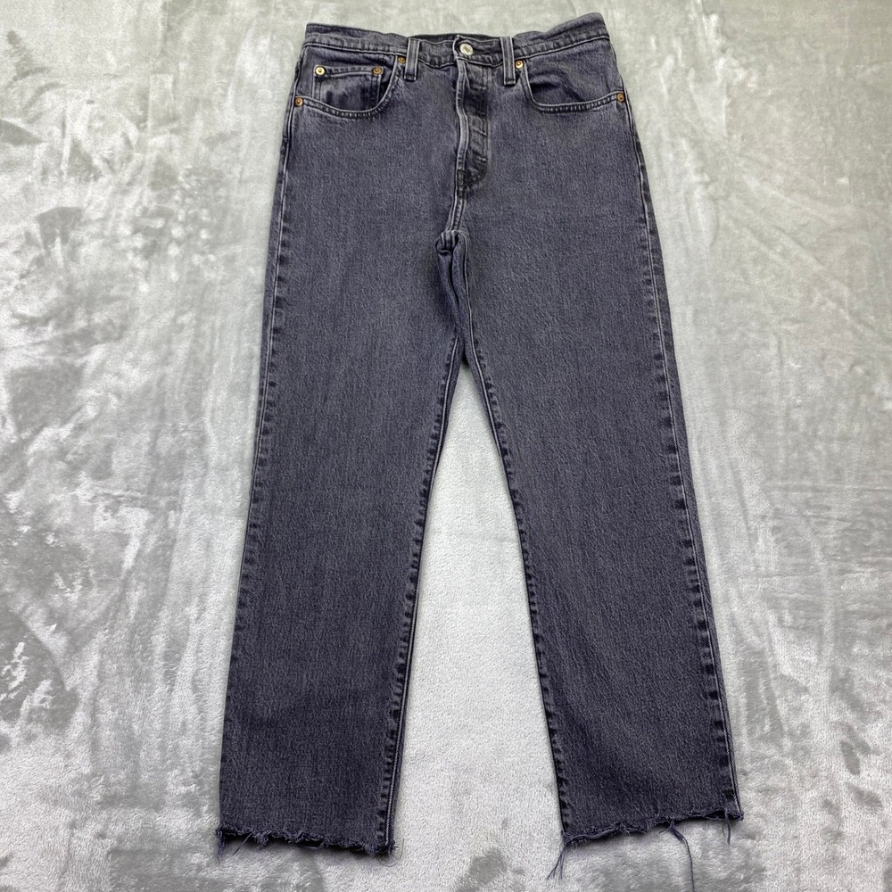 Levi's 501 High Rise Straight Leg Jeans Charcoal Gray Raw Hem W27 Grunge Retro
